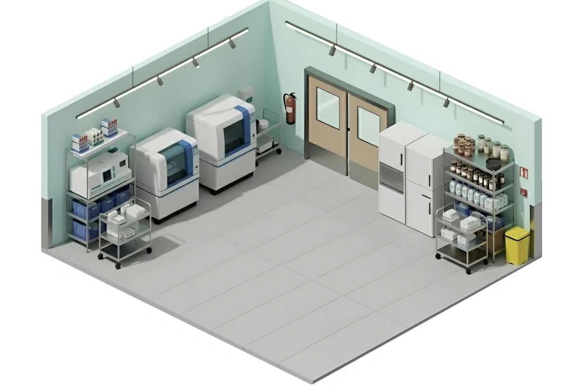 Isometric view of a medical lab with beige double swinging doors, lab equipment, storage shelves, and organized workspace.