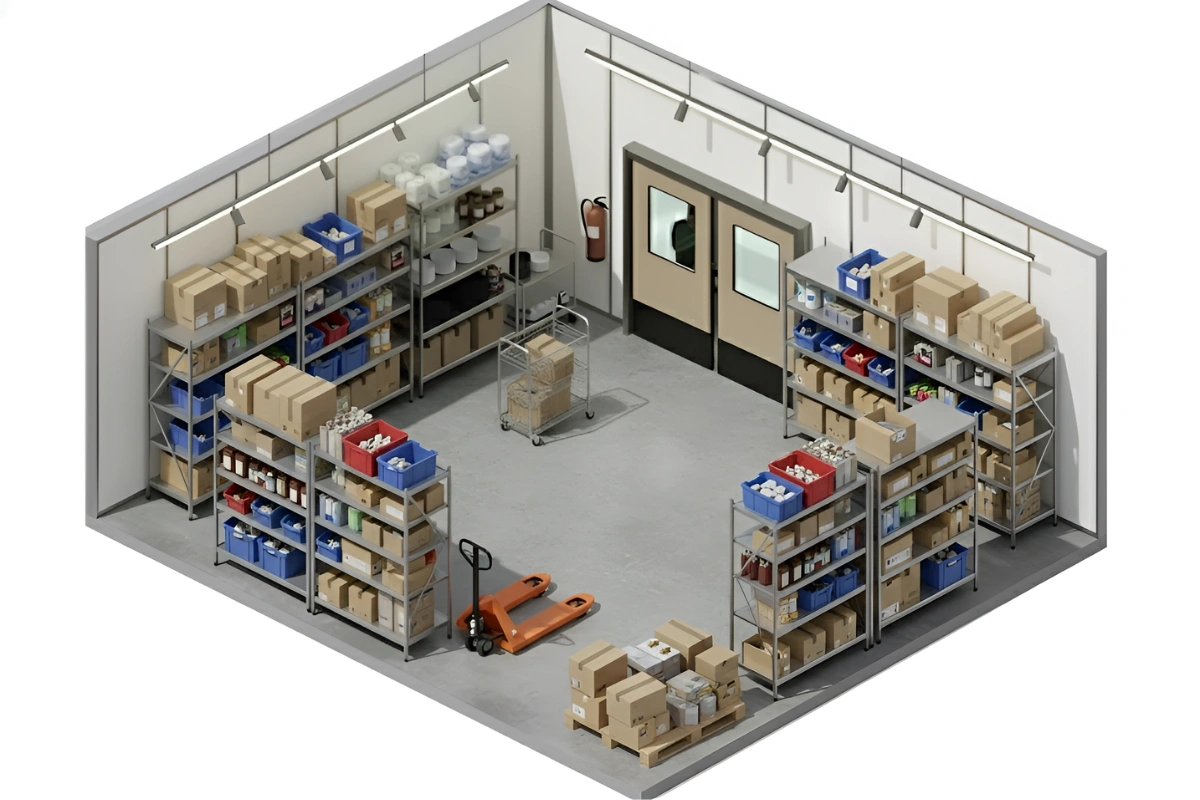 Isometric view of a warehouse-style stockroom with beige PE-Series swinging doors, shelves stocked with boxes and bins, and a pallet jack in the center.