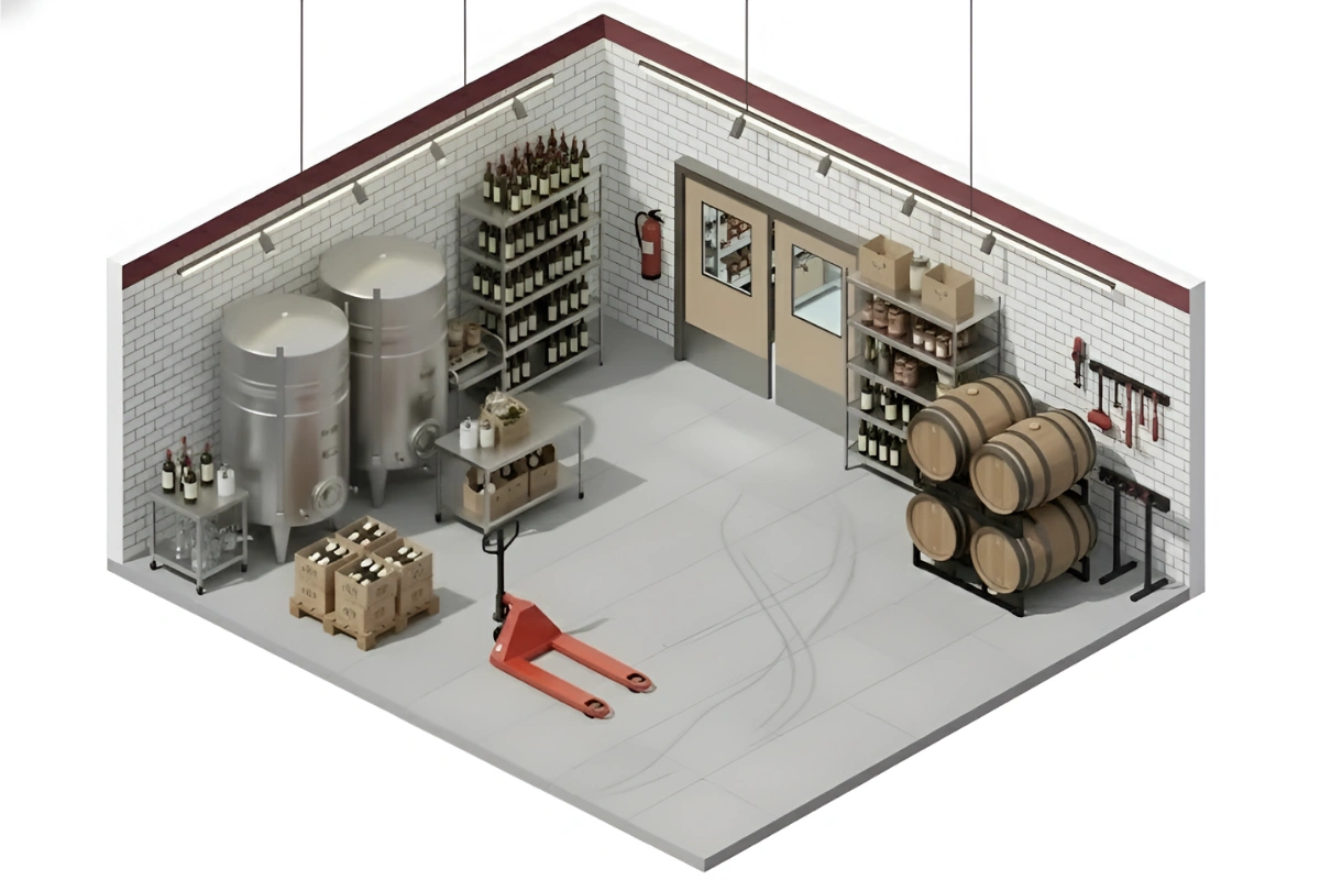 Isometric view of a winery workroom featuring stainless tanks, wine bottle shelving, storage racks, and a set of tan swinging doors with vision panels.