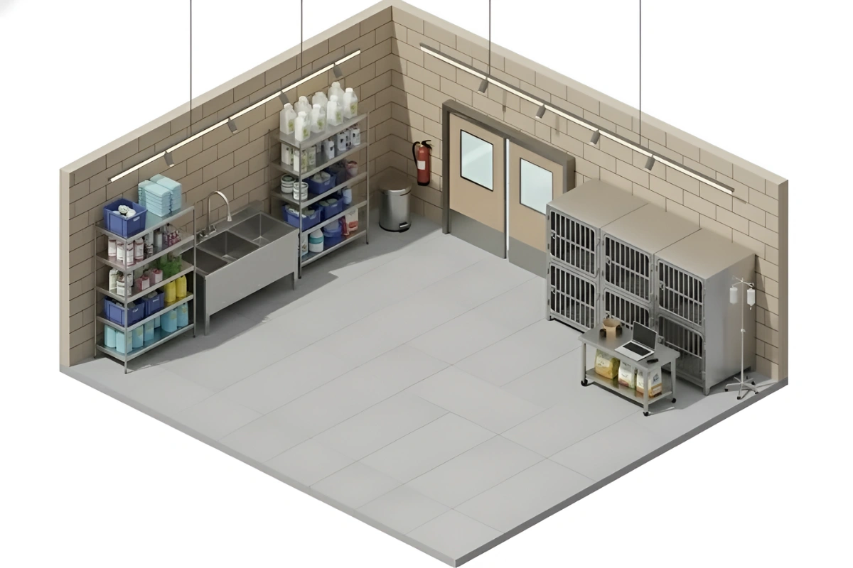 Isometric view of an animal facility workroom with double swinging doors, storage shelves, wash station, and kennel cages arranged in a clean, organized layout.