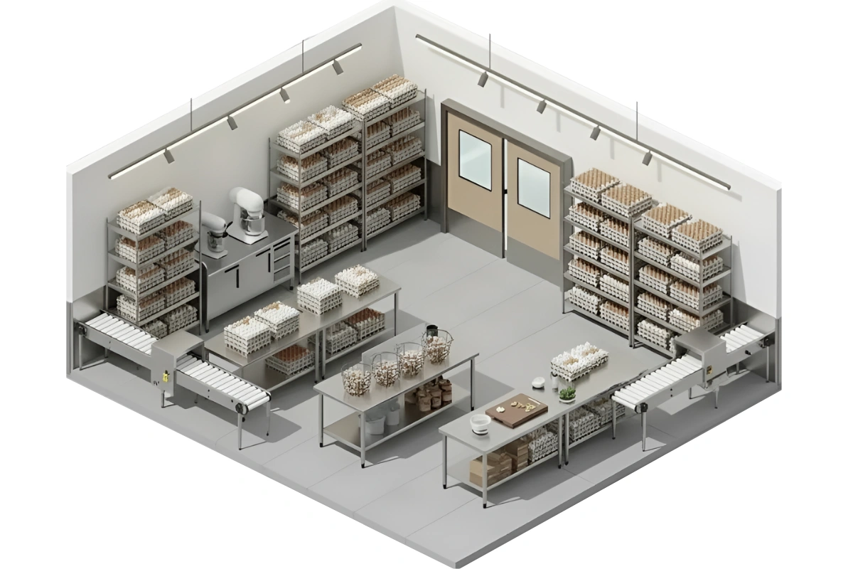 Isometric view of an egg processing station with stainless steel tables, conveyors, shelving racks loaded