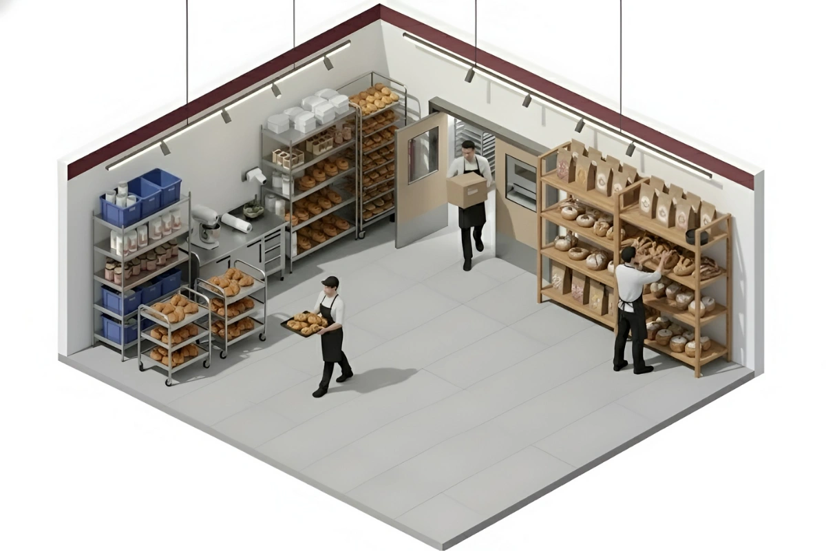 Isometric view of bake shop staff moving through a retail swinging door between prep and storage areas