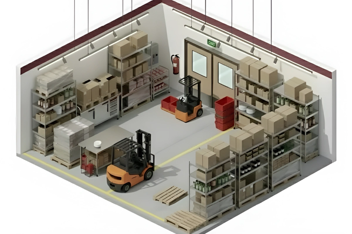 Isometric warehouse illustration showing forklifts moving between storage racks with double swinging doors at the exit, highlighting organized traffic flow and clear visibility.