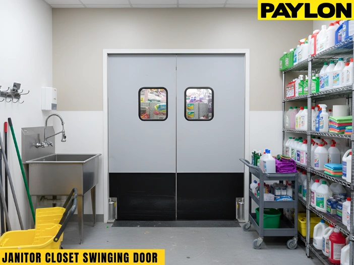 Janitor closet with double swinging doors supporting safe access in busy maintenance areas