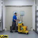 Janitorial staff moving a cleaning cart through swinging doors in a maintenance area