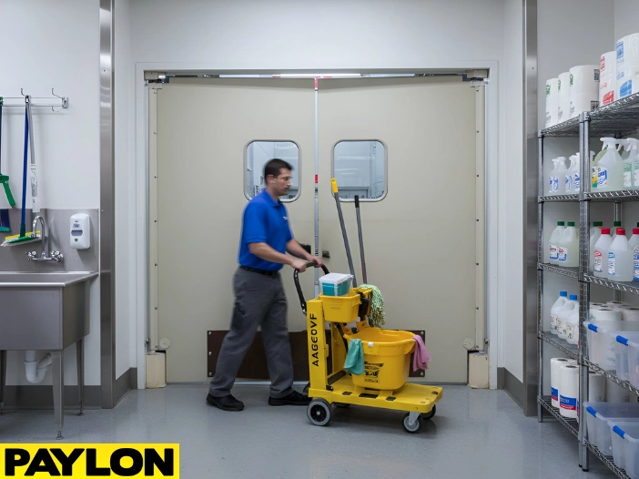 Janitorial staff moving a cleaning cart through swinging doors in a maintenance area