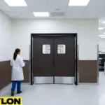Lab technician walking toward brown double swinging doors, illustrating hands-free entry for staff.