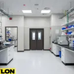 Laboratory environment with central swinging doors separating clean and support zones