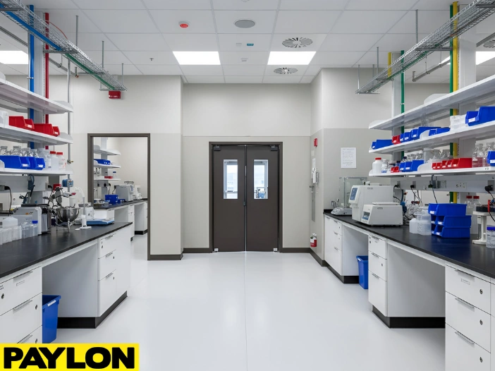 Laboratory environment with central swinging doors separating clean and support zones