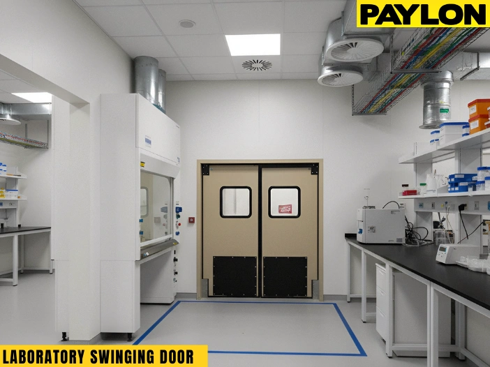 Laboratory swinging doors separating clean work areas with vision panels for controlled access