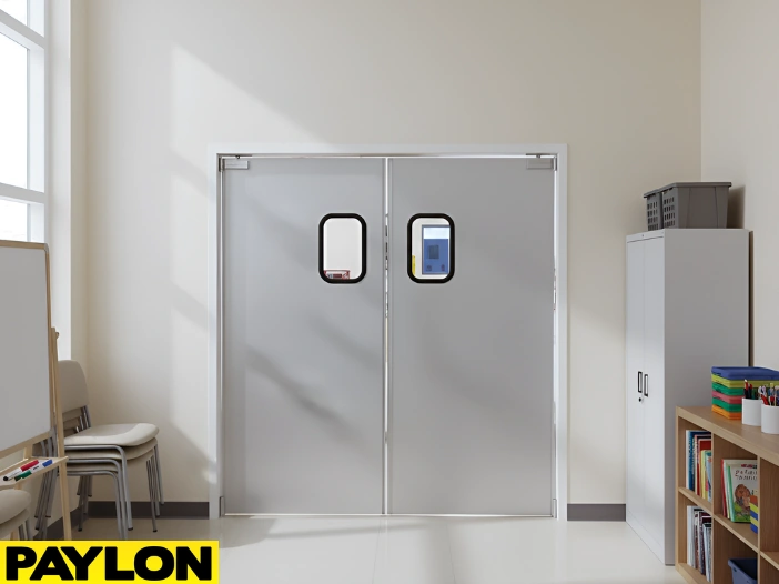 Light gray PE-Series swinging doors inside a church classroom with chairs and storage shelves.