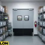 Light gray industrial swinging door in a mid sized supply storage room with metal shelving and labeled storage bins.