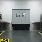 Light gray industrial swinging door in an egg storage corridor lined with mobile racks.