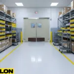 Light-traffic manufacturing room with tan swinging doors that support quick staff movement and organized cart flow.