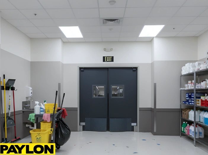Maintenance corridor with swinging doors separating janitor closet and service areas