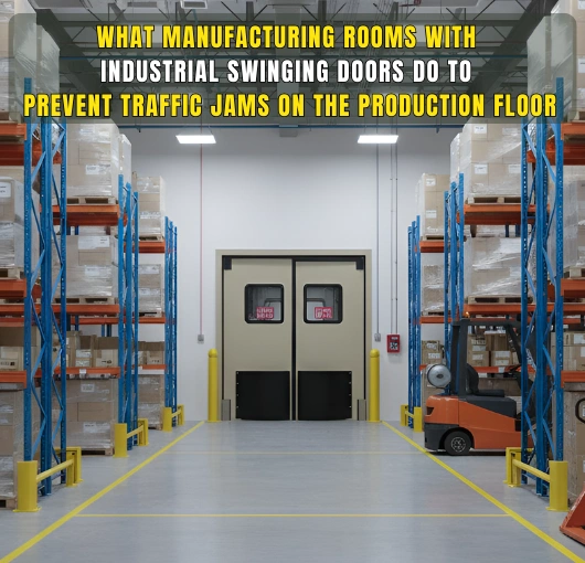 Manufacturing facility with industrial swinging doors that help prevent traffic jams and improve workflow on busy production floors.