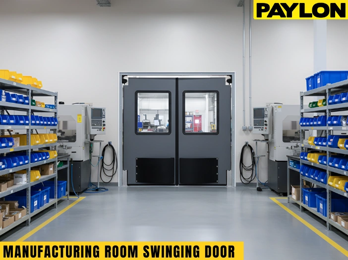 Manufacturing room swinging doors designed for steady workflow and safe movement in busy production areas.