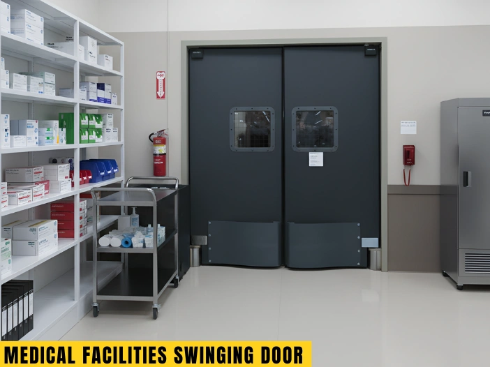 Medical facility swinging door installed between supply storage and prep areas, designed for hygiene control and smooth staff movement.