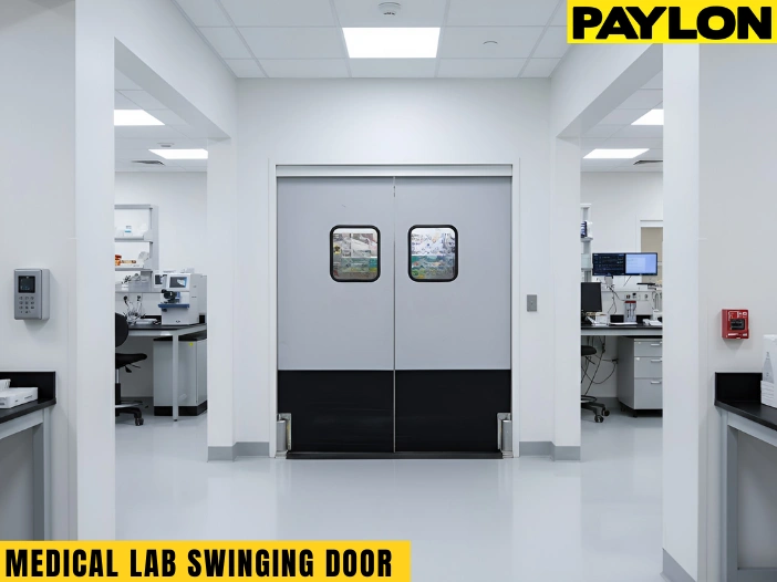 Medical lab swinging door with gray and black panels, showing a clean lab corridor and two-way swing doors.