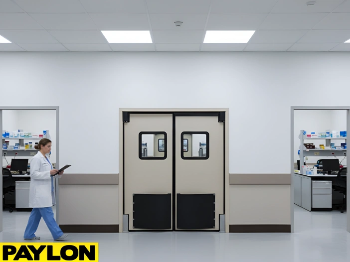 Medical lab technician walking past beige double swinging doors, highlighting workflow efficiency and safety.