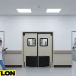 Medical lab technician walking past beige double swinging doors, highlighting workflow efficiency and safety.