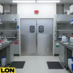 Modern chemical lab with stainless PE-Series swinging doors, multiple lab benches, and safety equipment visible