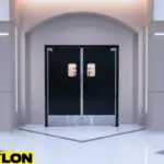 Modern hotel lobby featuring swinging doors used for reception traffic control