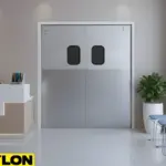 “PE-620ALC double swinging doors installed in a clean hospital reception area, showing hygienic design and smooth two-way access for medical staff.”