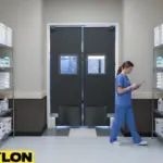 “PE-8000 heavy-duty hospital swinging doors inside a stocked medical storage room, designed for impact resistance and easy-clean hygiene.”
