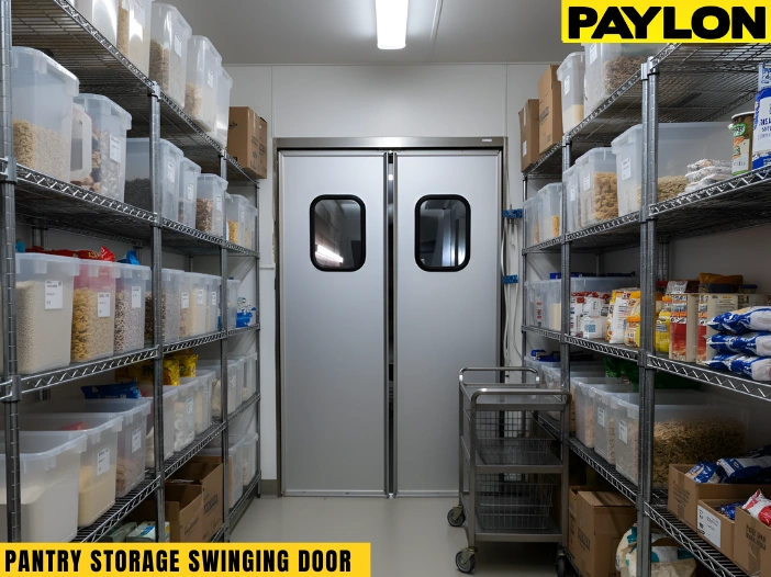 Pantry storage area with metal shelving and swinging doors supporting fast back-of-house access