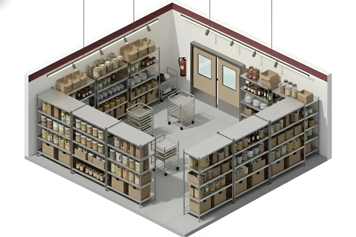 Pantry storage layout with shelving aisles and swinging doors supporting fast back-of-house access