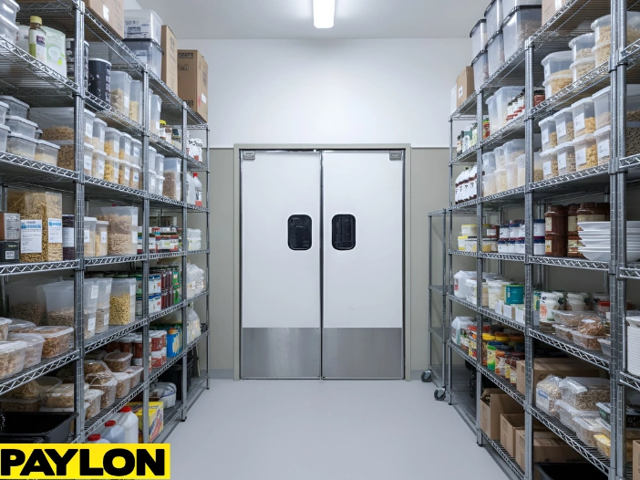 Pantry storage space with white swinging doors designed for frequent daily access