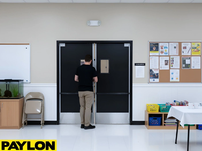 Person entering through black PE-Series swinging doors in a church multipurpose room.