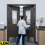 Pharmacy staff member passing through swinging doors while carrying supplies