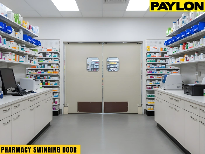 Pharmacy swinging doors separating behind-the-counter work areas for smoother staff movement