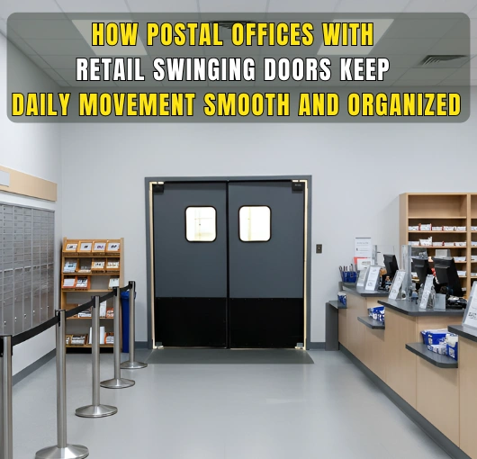 Postal office lobby featuring black swinging doors that help maintain smooth daily movement and an organized customer flow.
