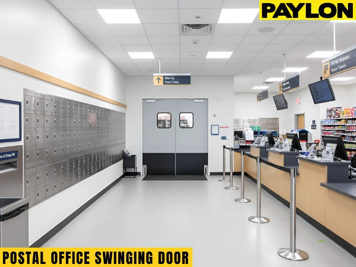 Postal office lobby with gray retail swinging doors between the customer area and back room, improving smooth movement and organized traffic flow.