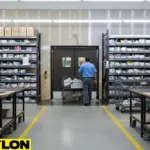 Postal sorting space with brown swinging doors allowing hands-free access for staff moving packages and rolling carts.