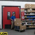 Red PE-Series commercial swinging doors with staff moving boxes on a cart in a busy warehouse