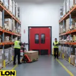 Red church hall swinging doors built for frequent use, offering safe visibility and hands-free movement during events.