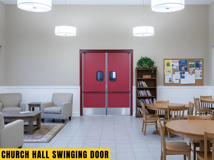 “Red double swinging door installed in a church hall with seating and community tables.”