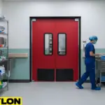 Red double swinging doors in a hospital prep room with a nurse organizing supplies.
