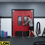 Red double swinging doors in an athletic locker room and training space, with a gym user pushing the door open.