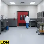 Red double swinging doors with vision windows inside a busy kennel and sanitation room.