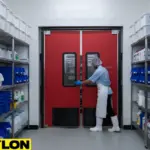 Red industrial swinging door being used by a worker inside a chemical storage room with sanitation equipment and shelving.