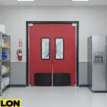 Red medical swinging door with vision panels used in sterile hallways to support clean workflows and protect controlled environments.