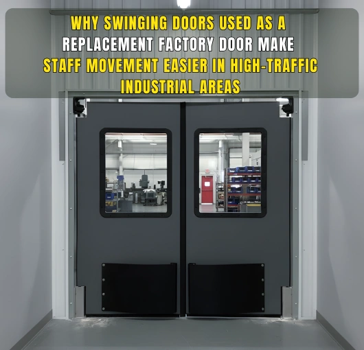 Replacement factory swinging door with vision panels installed in a clean, high-traffic industrial corridor