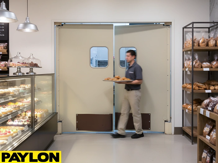Retail swinging door installed between bakery workstations to support fast staff movement