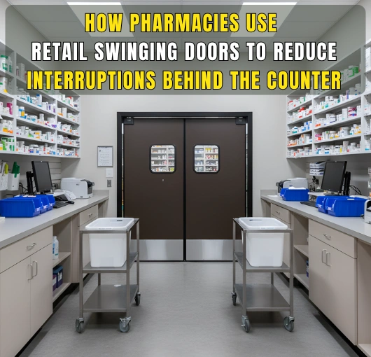 Retail swinging doors in a pharmacy helping reduce interruptions behind the counter