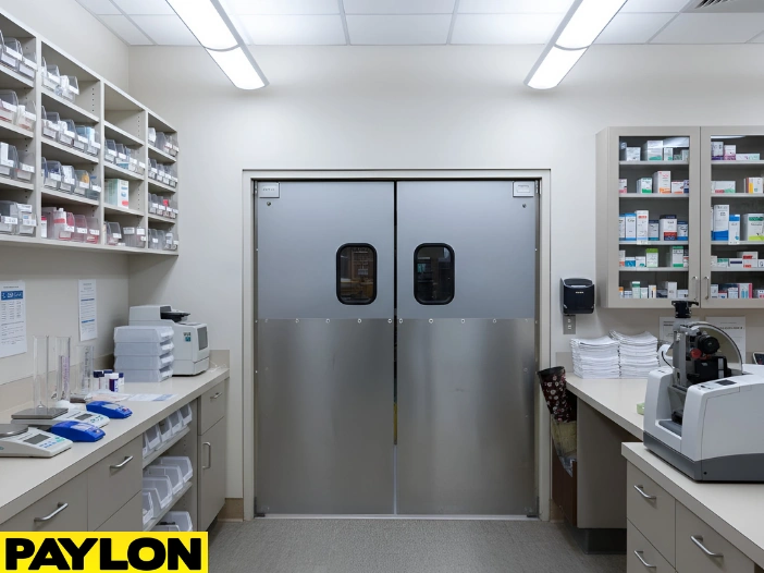 Retail swinging doors installed between pharmacy prep space and staff-only work areas